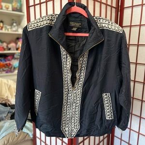 Maurada large navy color silk jacket with white trim. Vintage.